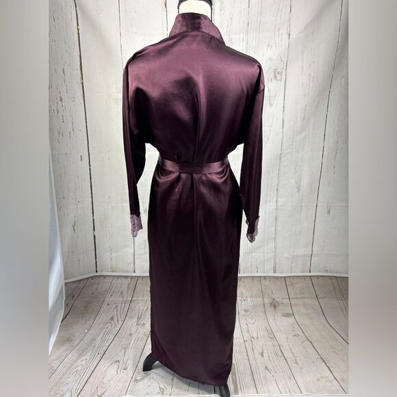 Dark Burgundy Wine Long Robe with Lace Trim - Picture 2 of 4